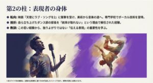 マイクで歌う姿とブレイクダンスをする姿のイラスト、映画「天使にラブ・ソングを2」への衝撃とダンス部部長解任のエピソードをまとめたスライド