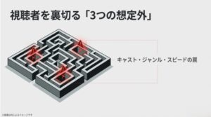 キャスト、ジャンル、スピードという3つの要素が視聴者の想定を超えていたことを示す解説スライド