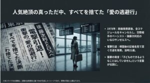 人気絶頂での引退と後藤次利氏とのロサンゼルス行きを報じる新聞記事風スライド