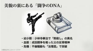 空手のキックと法典のイラストを交え、ベアキラーとしての過去や父の反骨精神を説明するスライド