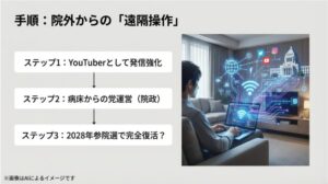 自宅のパソコンから国会議事堂やSNSを通じて繋がる、院外からの遠隔操作イメージ