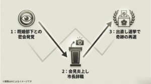 投票箱のイラストを背景に、密会発覚、会見炎上による辞職、出直し選挙での再選というステップを説明するスライド