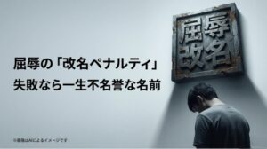 「屈辱」「改名」と大きく書かれた、失敗すれば一生不名誉な名前になるという重いプレッシャーを示すスライド