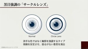 通常の瞳とサークルレンズ装着時の瞳を比較し、輪郭強調による印象の違いを説明する画像
