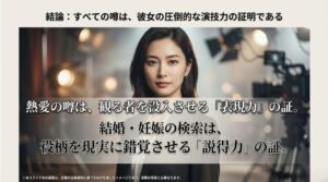 「すべての噂は、彼女の圧倒的な演技力の証明である」という力強い結論が記されたまとめ画像