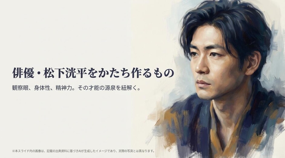 松下洸平の似顔絵イラストと、彼の才能を構成する観察眼、身体性、精神力という3つの柱を示したタイトルスライド