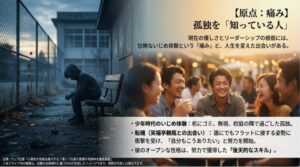 少年時代のいじめ体験を乗り越え、笑福亭鶴瓶氏の影響でオープンな性格を努力で手に入れた原点を説明するスライド