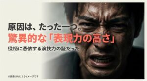 顔が曲がって見える原因は、役柄に憑依する驚異的な表現力の高さにあることを解説したスライド