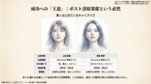 女優の上坂樹里と清原果耶が似ていると言われる理由を、Seventeenモデルや朝ドラヒロインといった経歴の共通点から比較した表