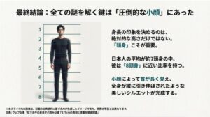 松下洸平の全身シルエットに8分割のラインを引き、小顔によって首が長く見え、8頭身に近いスタイルであることを証明したスライド