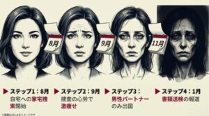 8月から11月にかけて、女性の顔が徐々に痩せこけ、表情から覇気が失われていく経過を示した比較画像