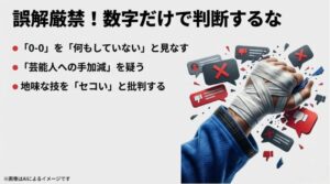 テーピングされた拳と、SNSの低評価アイコンが飛び散るイメージ。数字やイメージによる誤解を戒めるスライド