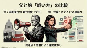国会議事堂を背にマイクを持つ人物と、父娘それぞれの戦う相手や共通点をまとめた比較スライド