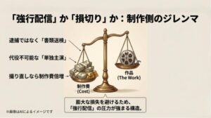 天秤の片方に札束（制作費）、もう片方にフィルム（作品）が載り、巨額の損失を避けるために強行配信への圧力がかかる構造を示した図解