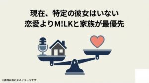 特定の彼女はおらず、恋愛よりもグループ活動や家族を大切にしていることを示す天秤のイラスト