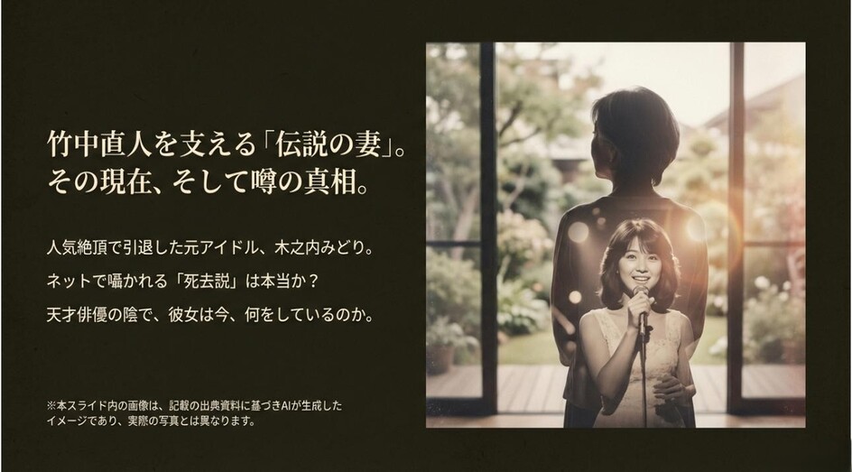 竹中直人を支える妻・木之内みどりのポートレートイメージと記事タイトルのスライド