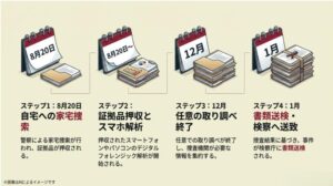 家宅捜索、スマホ解析、取り調べ、書類送検という4つのステップを日付と共にまとめた捜査スケジュールの図解