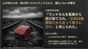 線路の上に置かれた赤いランドセルのイメージと、登校拒否や誰もいない卒業式の経験をまとめたスライド