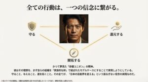 小栗旬の顔を中心に「守る」「還元する」「開拓する」の3つの軸が繋がった図。俳優ユニオンの理想を自社で体現しようとする信念のまとめ