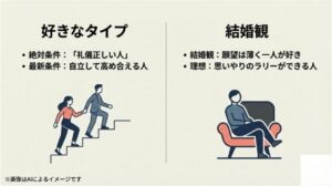 礼儀正しく自立した人を好む条件と、一人の時間を大切にする独自の結婚観をまとめた図解