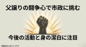 「父譲りの闘争心で市政に挑む」「身の潔白に注目」というメッセージと共に、今後の決意を示すスライド