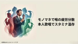 モノマネによって喉の疲労を分散し、スタミナを温存しながら10曲完走を目指す戦略をイメージしたスライド