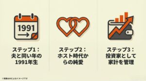 1991年のカレンダー、重なるハート、財布と上昇グラフのアイコンで夫婦の絆と経済力を示すスライド