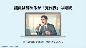 ノートパソコンの画面内でマイクを持ち演説する人物のイラストと、議員は辞めるが党代表は継続することを伝えるメッセージ