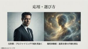スーツ姿の理知的な男性(プロファイリング)と、光り輝く魂のようなシルエット(霊視)が並ぶ比較画像