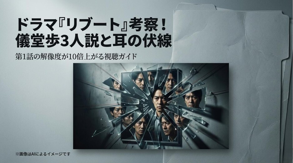 割れた鏡の中に複数の顔が映る男性の画像。ドラマ『リブート』の儀堂歩3人説と耳の伏線を考察するアイキャッチ画像。