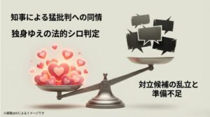 知事の批判に対する同情、独身ゆえの法的判断、対立候補の乱立といった勝因を分析したスライド