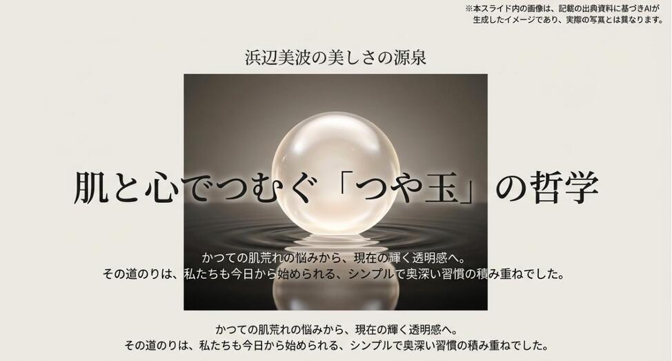 透明感あふれる浜辺美波のイメージと、記事のテーマであるつや玉の哲学を示すタイトルスライド