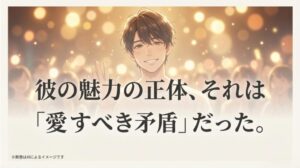 完璧さとポンコツさが同居する彼の魅力を「愛すべき矛盾」と表現したテキストスライド