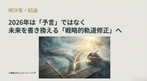 世界地図の上に光るペンで新しいルートが描かれ、暗い道から明るい未来へと軌道修正される様子