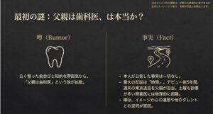 父親が歯科医という噂と、実際は一般企業勤務で週末の送迎を行っていた事実を比較した解説スライド