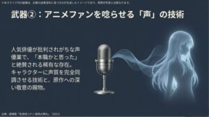 俳優業だけでなく声優としても高評価を得る理由である、声の調整技術と原作へのリスペクトを解説したスライド