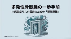 ウイルスのようなイメージに囲まれた建物から避難する人物のイラストと、多発性骨髄腫の一歩手前における感染症リスク回避の重要性の説明