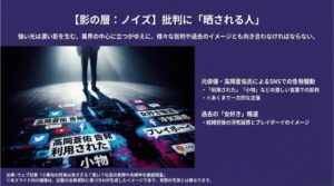 SNSでの告発騒動や過去のプレイボーイイメージなど、小栗旬を取り巻く批判的な情報を可視化したスライド