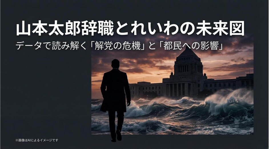 国会議事堂を背に荒波を見つめる男性のシルエットと、山本太郎辞職とれいわの未来図というタイトルスライド