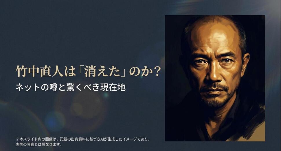 「竹中直人は消えたのか？」という問いかけと現在の竹中直人のイラストを描いた記事のアイキャッチ画像