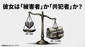 : 天秤の片方に「同情（男運）」を示す割れたハート、もう片方に「責任（プロ意識）」を示す書類が置かれた比較イメージ