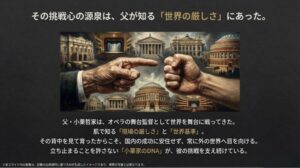 世界の劇場を背景に、厳しさと情熱を象徴する手のイメージ。父・小栗哲家氏の影響と世界基準の挑戦について記したスライド