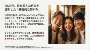 2025年に公開された松下洸平・吉高由里子・高橋文哉の再会3ショットについての解説と絆の証明