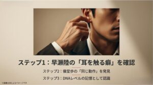 男性が右耳に手を当てているクローズアップ画像。早瀬陸と儀堂歩の「耳を触る癖」の共通点を解説するスライド。