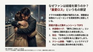 ドラマ最愛の抱擁シーンのイメージイラストと、読者が選んだ胸キュンシーンTOP3の解説スライド