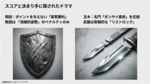 岡田の守備を象徴する傷だらけの盾と、玉木の攻めを象徴する鋭いメスを対比させ、試合内容を技術的に解説した図解