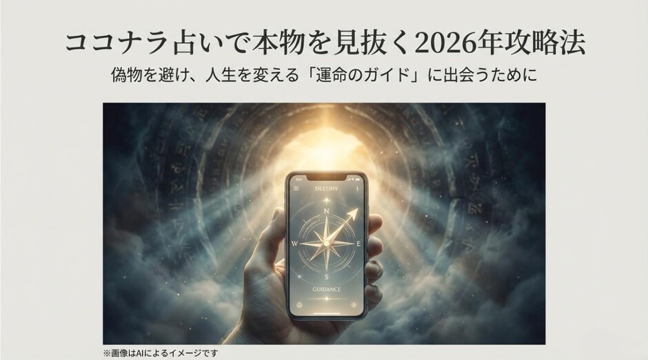 スマートフォンの画面にコンパスが表示され、光り輝く道（DESTINY/GUIDANCE）を指し示している神秘的なイメージ