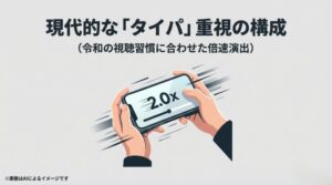 スマートフォンで2.0倍速再生をしているイラストと、現代的なタイパ重視の構成を解説するスライド