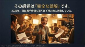 撮影現場で精力的に活動し笑顔を見せる竹中直人のイメージと、最近見ない感覚は誤解であるというメッセージ