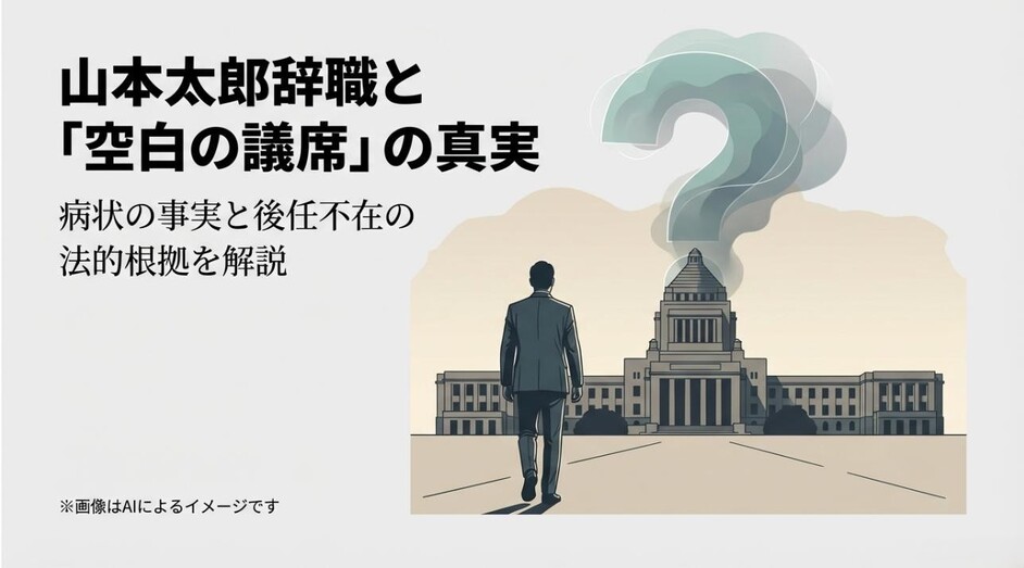 国会議事堂へ向かう人物のイラストとともに、山本太郎氏の辞職理由、病状、後任不在の法的根拠を解説することを伝えるタイトル画像